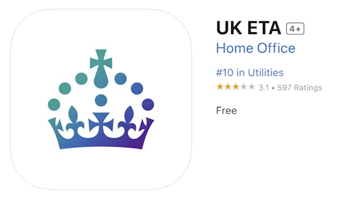 Myndin sýnir hvernig UK ETA appið lítur út í app-store.