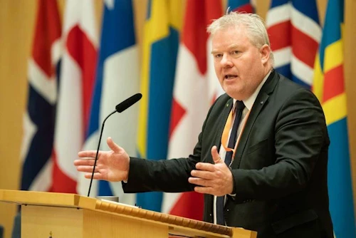 Sigurður Ingi Jóhannsson, samstarfsráðherra Norðurlanda, í ræðustól á þingi Norðurlandaráðs í Stokkhólmi í október 2019.
